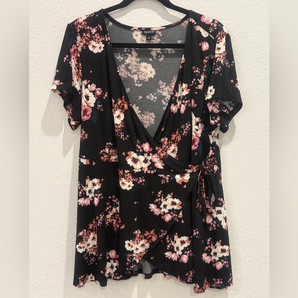 Torrid Black and Pink Floral Wrap Blouse